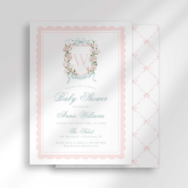 Pink Bow Crest Monogram Baby Shower Invitation (Creator Uploaded)