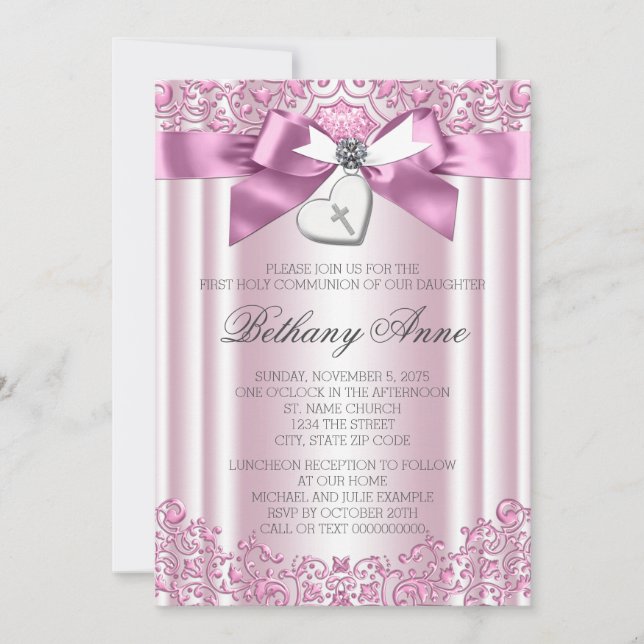 Pink Bow Cross First Communion Invitation (Front)