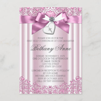 Pink Bow Cross First Communion Invitation