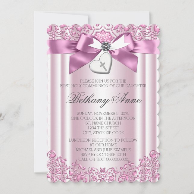 Pink Bow Cross First Communion Invitation (Front)