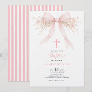Pink Bow Cross Floral Stripes Girl Baptism Invitation
