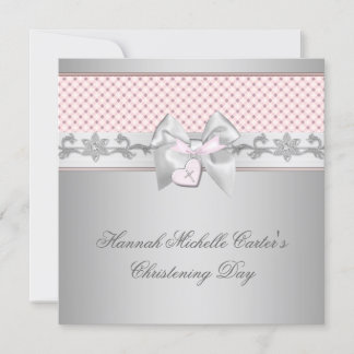 Pink Bow Cross Girls Pink Baptism Chirstening Invitation