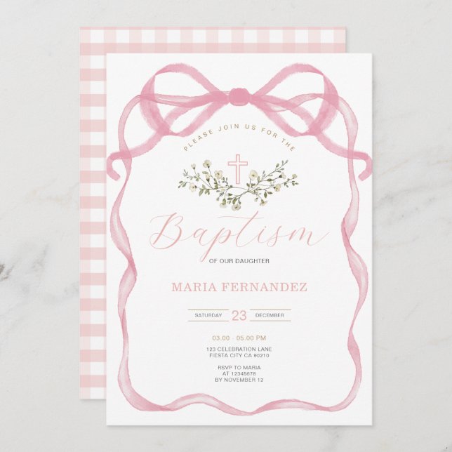 Pink Bow Cross Wildflowers Baptism Invitation (Front/Back)