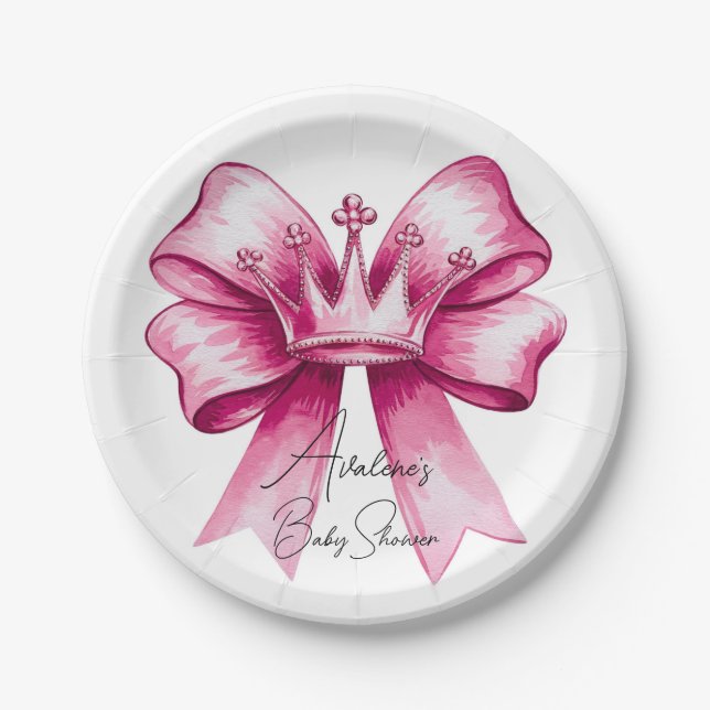 Pink Bow & Crown Baby Shower Celebration  Paper Plate (Front)
