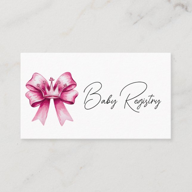 Pink Bow & Crown Baby Shower Registry Business Card (Front)