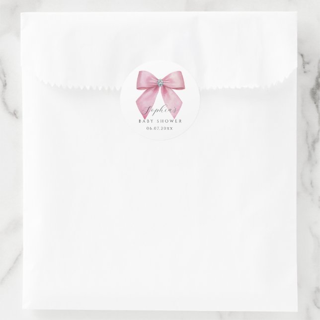 Pink Bow Cute Baby Shower  Classic Round Sticker (Bag)
