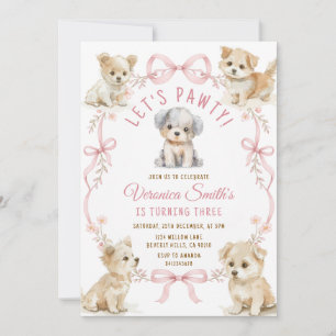Pink Bow Cute Puppy Birthday for Girls Pawty Puppy Invitation