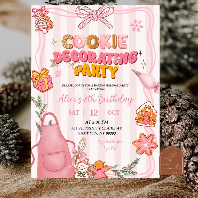 Pink Bow Cute Retro Cookie Decorating Party Invitation (Creator Uploaded)