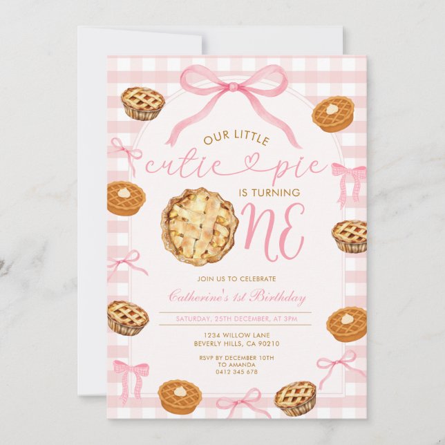Pink Bow Cutie Pie Is Turning One 1st Birthday Invitation (Front)
