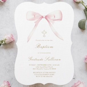 pink bow design Baptism Invitation