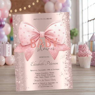 Pink Bow Diamonds Dust Rose Gold Baby Shower Invitation