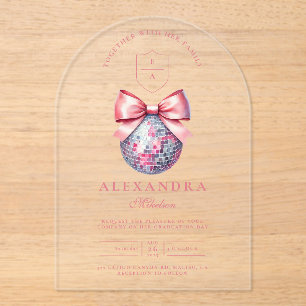 Pink Bow Disco Ball Graduation Party Acrylic Invitations