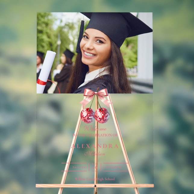 Pink Bow Disco Ball Graduation Party Acrylic Sign (Neutral)