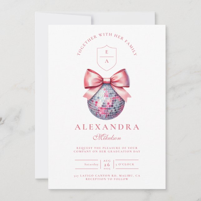 Pink Bow Disco Ball Graduation Party Invitation (Front)