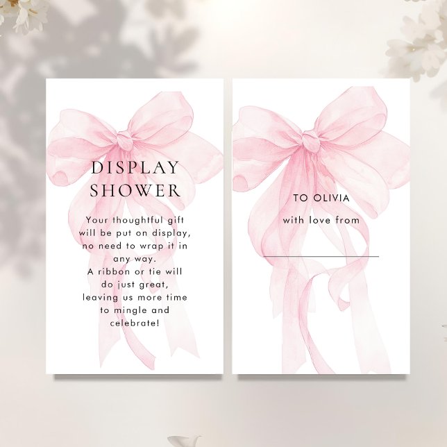 Pink Bow Display Baby Shower Enclosure Card (Front and back view)