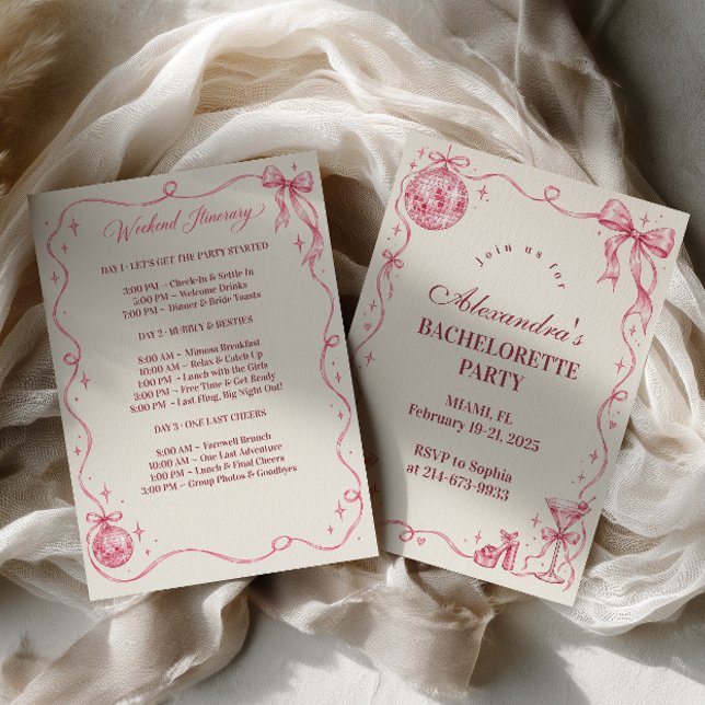 Pink Bow Doodle Disco Bachelorette Invitation (Creator Uploaded)