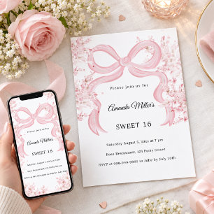 Pink bow doodle florals Sweet 16 Invitation