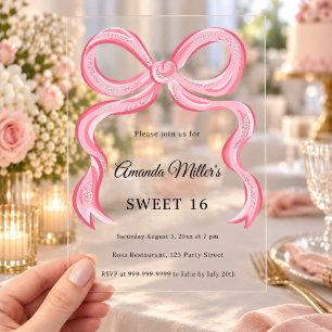 Pink bow doodle Sweet 16 clear luxury Acrylic Invitations