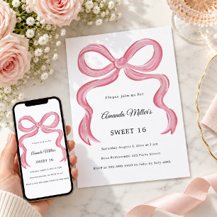 Pink bow doodle Sweet 16 Invitation