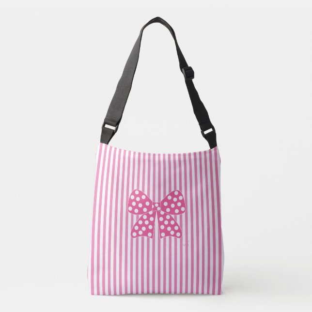 Pink Bow, Dots, Pink Stripes Crossbody Bag (Front)