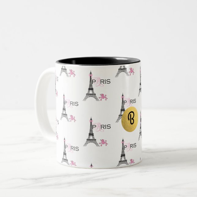 Pink Bow Eiffel Tower Paris France Poodle Chic Two-Tone Coffee Mug (Front Left)