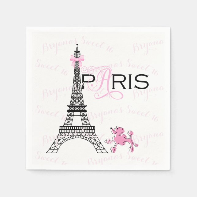 Pink Bow Eiffel Tower Paris France Poodle Party Napkin (Front)