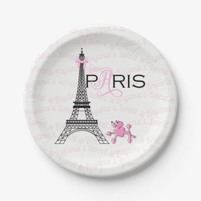 Pink Bow Eiffel Tower Paris France Poodle Party Paper Plate (Front)