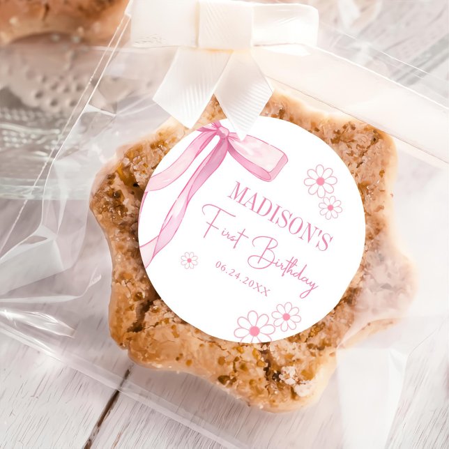 Pink Bow Elegant 1st Birthday Classic Round Sticker (Creator Uploaded)