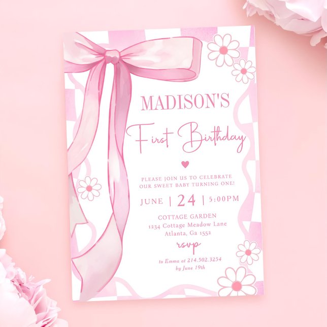  Pink Bow Elegant 1st Birthday  Invitation (Creator Uploaded)