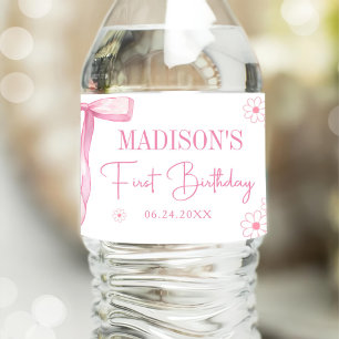 Pink Bow Elegant 1st Birthday Water Bottle Label