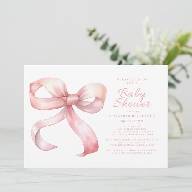 Pink Bow Elegant Baby Girl Shower Coquette Blush Invitation (Standing Front)