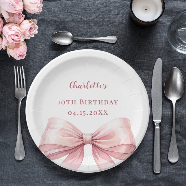 Pink bow elegant birthday paper plate (Creator Uploaded)