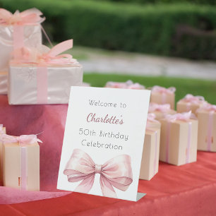 Pink bow elegant birthday party welcome pedestal sign