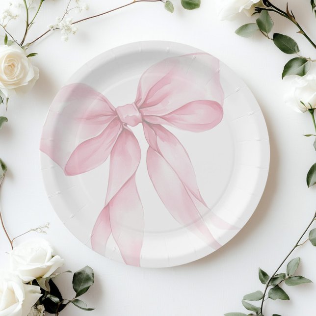 Pink Bow elegant Blush Pink Baby shower Paper Plate (Creator Uploaded)