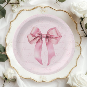 Pink Bow Elegant calligraphy Baby Shower Paper Plate