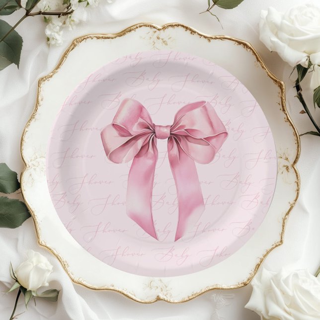 Pink Bow Elegant calligraphy Baby Shower Paper Plate (Creator Uploaded)