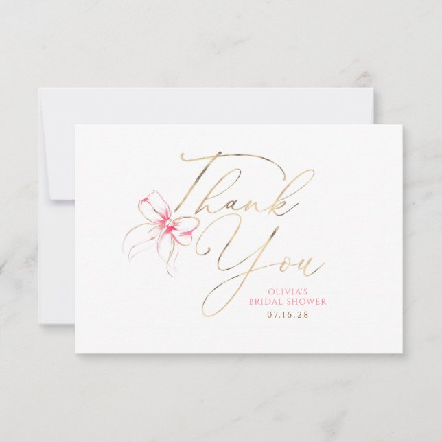 Pink Bow Elegant Chic Whimsical Thank You Card (Front)