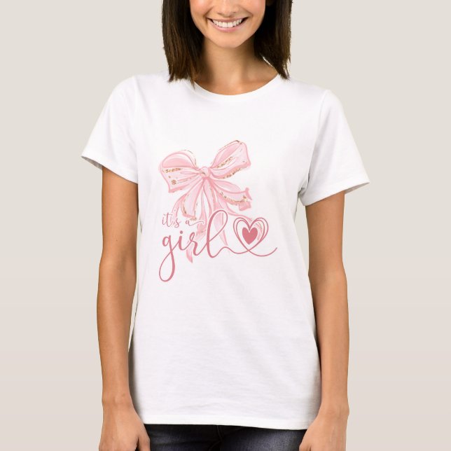 Pink Bow Elegant It's a Girl Baby Shower T-Shirt (Front)
