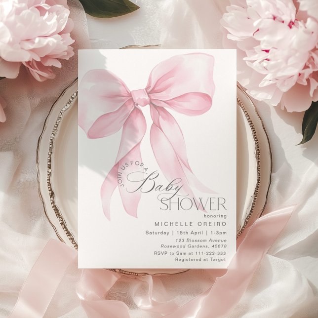 Pink Bow Elegant minimalist Baby girl Shower Invitation (Creator Uploaded)