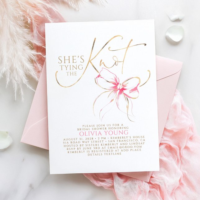 Pink Bow Elegant Modern Minimalist Bridal Shower Invitation (She's Tying The Knot Bridal Shower Invitation with Pink Bow)