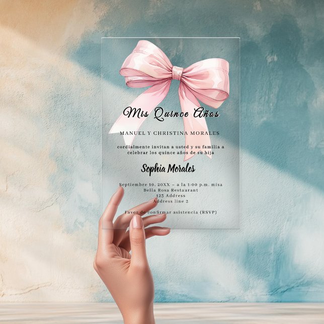 Pink bow elegant Quinceanera luxury clear Acrylic Invitations (Creator Uploaded)