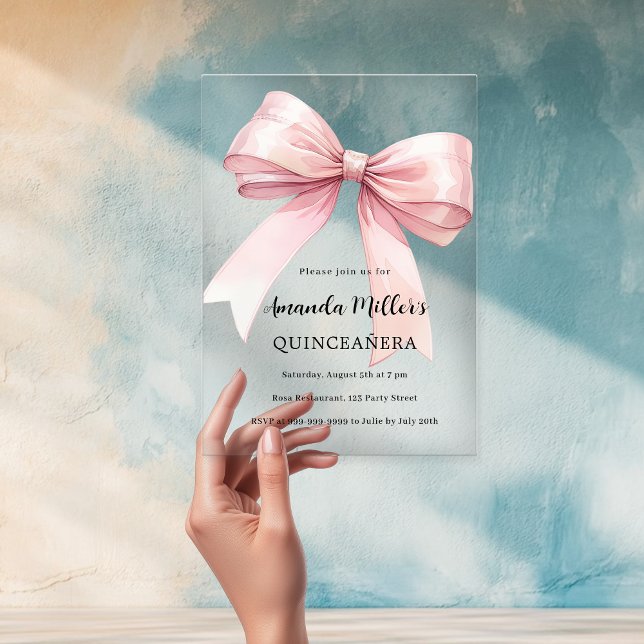 Pink bow elegant Quinceanera luxury clear Acrylic Invitations (Creator Uploaded)