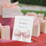Pink bow elegant Sweet 16 welcome Pedestal Sign<br><div class="desc">A stylish white background decorated with a large pink bow.   Personalise and add a name.</div>