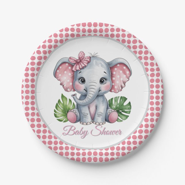 Pink Bow Elephant Girl Baby Shower Paper Plate (Front)