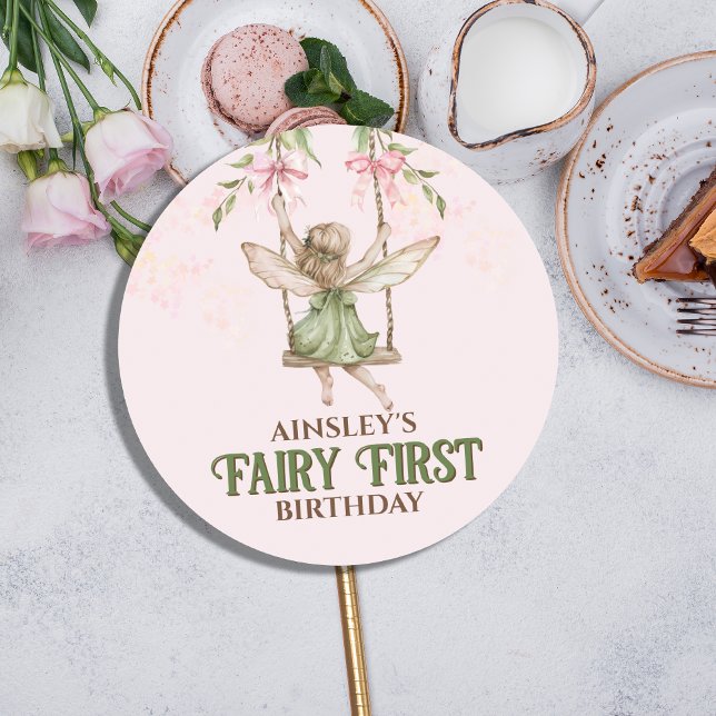 Pink Bow Fairy First 1st Birthday Personalised Classic Round Sticker (Creator Uploaded)