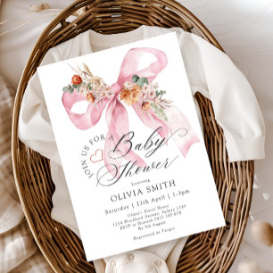 Pink Bow Fall Floral Baby Shower Invitation