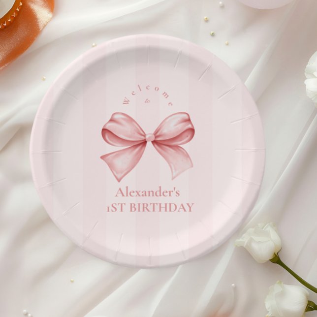 Pink Bow Fancy ONE Girl 1st Birthday  Paper Plate (Creator Uploaded)
