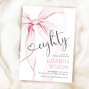 Pink Bow Feminine 80th Birthday Invitation