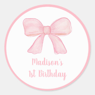 Pink Bow First Birthday Classic Round Sticker