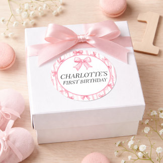 Pink Bow First Birthday Girl  Classic Round Sticker